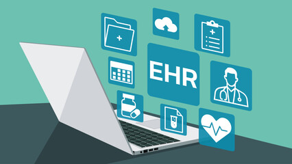Electronic health record with floating medical icon from laptop, vector flat illustration