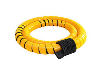 Yellow spiral cable protector with black connector against a transparent background for modern design