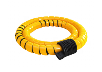 Yellow spiral cable protector with black connector against a transparent background for modern design