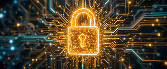 Abstract pop up cyber protection 3d digital lock which created by millions of tiny glowing particles connected by glowing lines, golden gradient blending colors, glowing blue and green lines around th