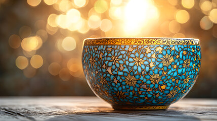 Ornate teal and gold bowl on wooden surface with bokeh background