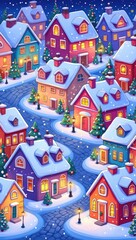 Colorful snowy village with Christmas houses, glowing windows, and snowy rooftops. Cozy winter evening illustration. Generative AI.