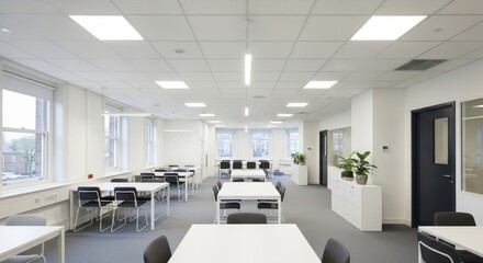 Bright, modern, and spacious study or co-working area with multiple tables and chairs, illuminated by overhead lighting and natural light from large windows.