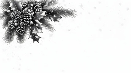 Elegant black and white christmas corner design with pinecones holly and snowflakes