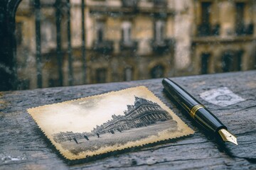 Vintage postcard featuring architectural buildings on a city street with an elegant fountain, accompanied by a classic fountain pen resting on a wooden surface with a blurred background.