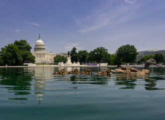Fototapeta premium Congress in Washington, DC. The Capitol dome over Capitol Hill. Washington, DC landmark. American flag above the Congress. Washington DC skyline. Senate and House in Washington, DC.