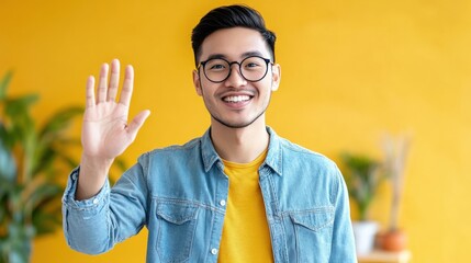 Smiling young man with glasses and casual outfit makes a friendly greeting gesture in a bright, cheerful atmosphere with a vibrant yellow wall background and indoor plants.
