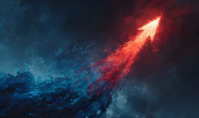 Fototapeta premium Glowing arrow ascends, its trail a vibrant, dynamic stream of blue and red energy against a dark, textured background. Symbolizing growth, progress, and innovation.