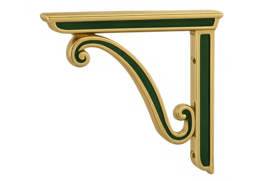 Elegant gold and green shelf bracket featuring a scroll design on a transparent background, ideal for classic interior decor and architectural details