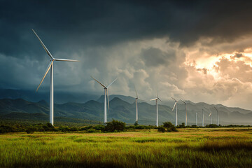 Wind farm powers green energy revolution. Turbines stand tall against stormy sky. Ideal for sustainability, environment, or clean energy marketing.
