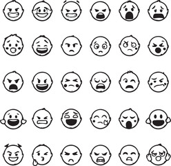 Facial expressions icon set—30 unique black-and-white cartoon faces showing emotions from happy to confused