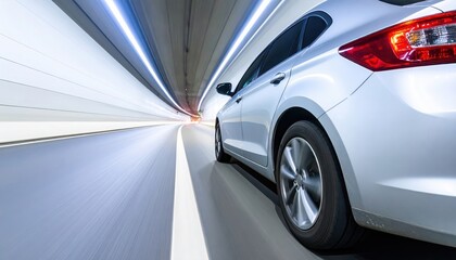 Silver car drives through an illuminated concrete tunnel
