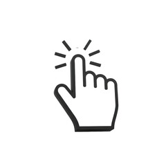 Obraz premium White vector-style hand cursor icon with bold black outline, index finger extended for clicking, radiating lines, on transparent background with subtle shadow. Concept of digital interface clarity