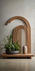 Indoor plants in ceramic pots arranged on a wooden table with a wooden arch backdrop create a serene and minimalist home decor scene