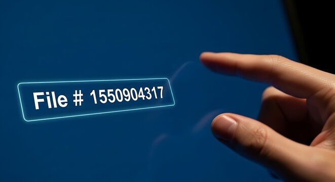 A person's finger selecting a digital file with a specific identification number on a futuristic blue touchscreen interface.