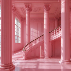 The architectural interior is pink with columns and ascending stairs.