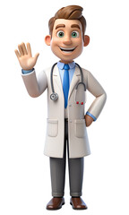 Smiling Male Doctor James in White Lab Coat &ndash; Friendly 3D Medical Professional with Stethoscope Waving &ndash; Healthcare, Telemedicine & Medical Services Concept Illustration