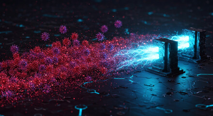 AI drones analyze and construct a virtual data city within a futuristic server room, showcasing advanced network technology.