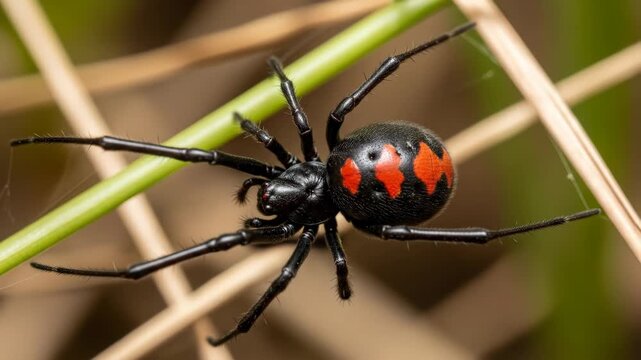Redback Spider Close-up on Grass - A detailed close-up shot of a redback spider perched on a green stem of grass.