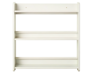 White three-tier wall shelf with open design for storage and display on a transparent background
