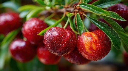 Obraz premium Rain Drops on Dark Red Cherries on Tree