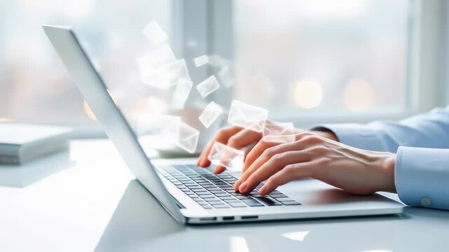 Business communication and email marketing concept. A person is sending a message from a laptop, contacting customers via the internet. A 4K video