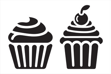 Two black cupcake silhouettes with swirled frosting and cherry isolated on white background
