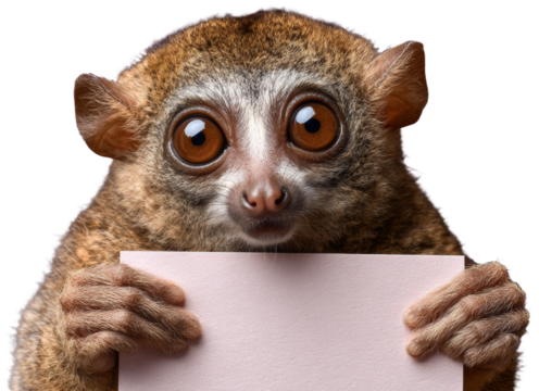 Tarsier holding a blank card, macro shot, transparent background png