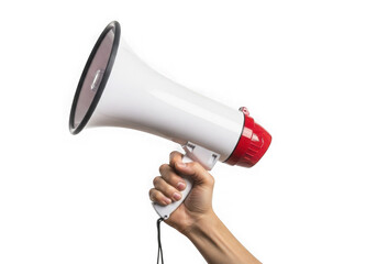 Hand holding white megaphone communication device isolated on transparent background