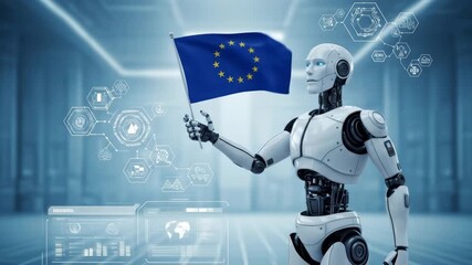 AI and European Union Flag - A futuristic robot holds the European Union flag, with a digital interface overlay suggesting technological advancement and integration within the EU. - Powered by Adobe