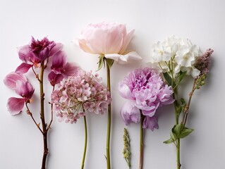 Assorted flowers arranged in line on white background