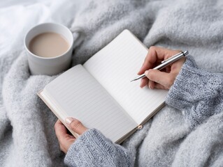 Woman journaling in cozy blanket with coffee on bed