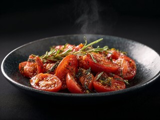 Roasted cherry tomatoes with herbs on black plate
