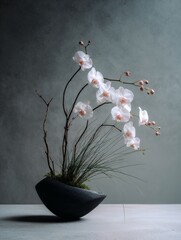 White orchid in black modern pot on textured background