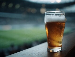Pint of cold beer on stadium railing with blurred field