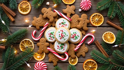 Fototapeta premium Top-down view of Christmas cookies, candy canes, dried oranges, cinnamon sticks, and fir branches arranged on festive dark background. Generative AI