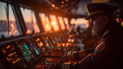 An image of a ships bridge at sunset showing a captain engaging with an advanced GMDSS equipment panel with a variety of flashing lights and digital displays indicating successful distress