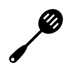 Kitchen slotted spoon icon with round head in flat minimalist silhouette vector style