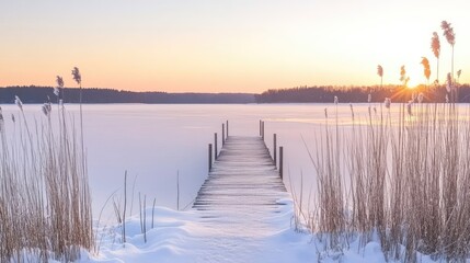 Snowy winter sunrise over frozen lake. Wooden pier extends into the tranquil water