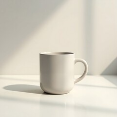 A minimalist white ceramic mug sits on a clean white surface, casting a soft shadow. Set against a warm beige background, the lighting highlights the mug’s smooth, glossy texture.
