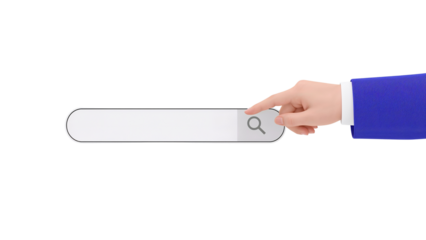 Hand activating a virtual search bar on transparent screen representing modern connectivity