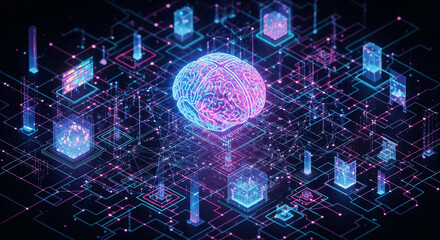 Obraz premium Digital Brain in Grid – Neural Network Matrix