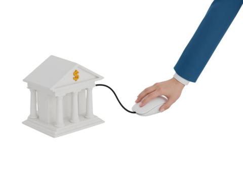 Digital finance concept depicting a hand using a mouse to access a virtual bank