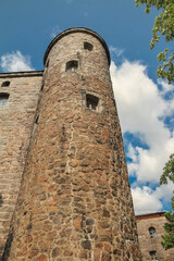 Old brown Olaf's Tower in city Vyborg, Russia on sunny day, view from below