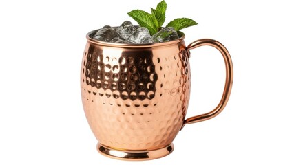 Hammered copper mug with mint garnish isolated on white background
