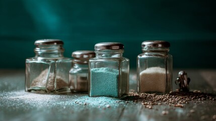 Glass jars filled with spices and salts on textured fabric for culinary cooking or gourmet concept design