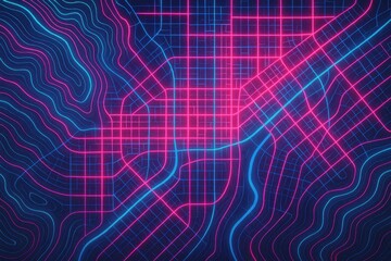 Fototapeta premium Abstract Future City Map Texture with Neon Topographic Lines – Futuristic Urban Design