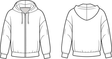 Technical flat sketch of hoodie jacket front and back view, fashion CAD drawing, vector apparel design template, clothing mockup © Maisa