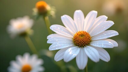Fototapeta premium close up flower in full bloom in macro nature landscape subject on right glimmering silver tones sparkling light position clearly with ample copy spac
