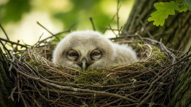 Baby Owl Napping in Nest - A fluffy owlet rests peacefully in its nest, nestled amongst twigs and moss. The soft light filters through the surrounding foliage, creating a serene atmosphere.